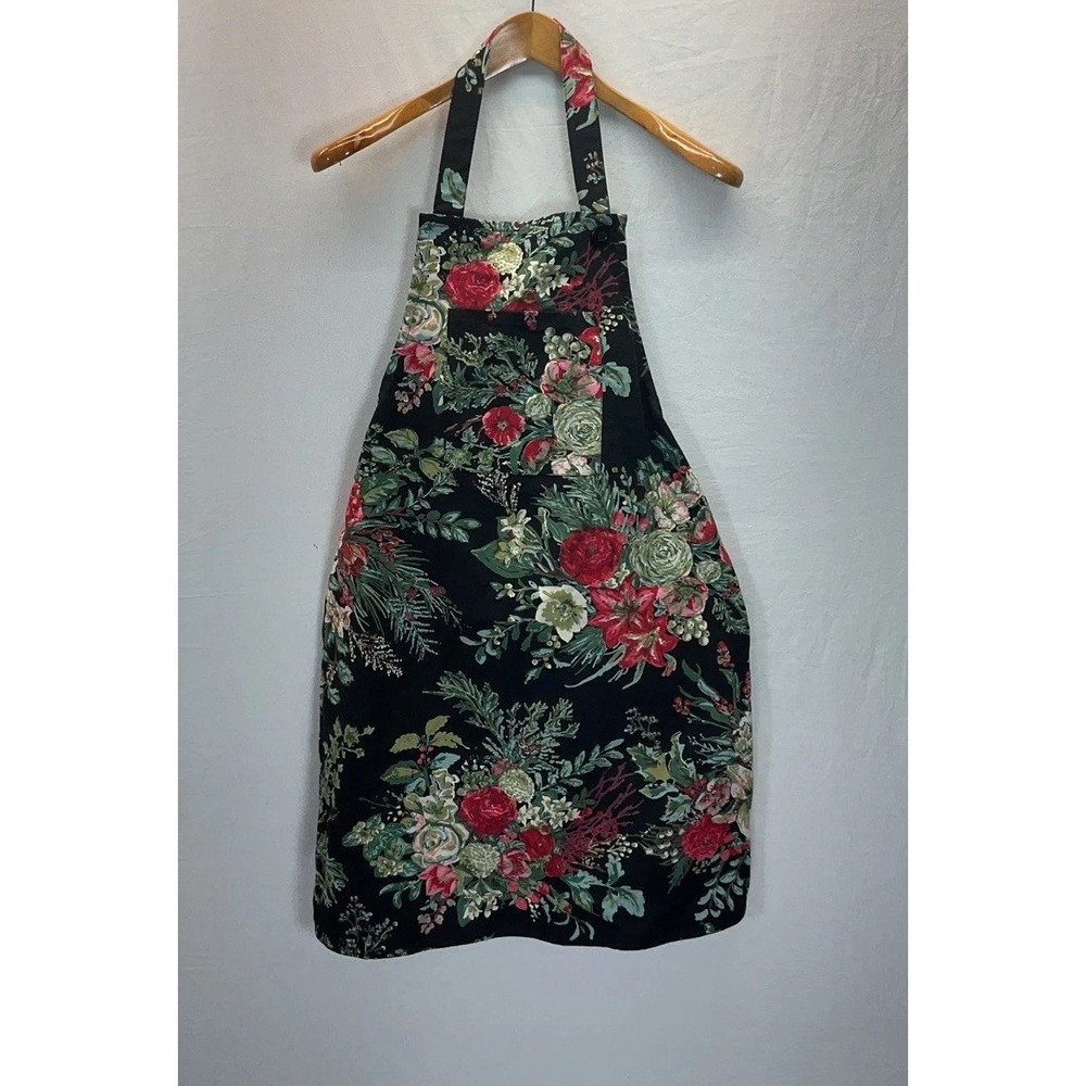 Gorgeous APRIL CORNELL APRON BLACK Red FLOWERS 31 X‎ 30 ALL COTTON